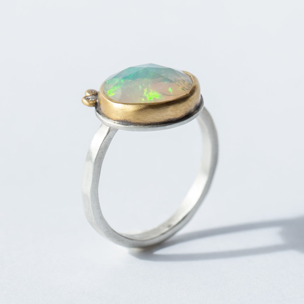 Asymmetrical Rose Cut Opal Ring with Diamond Dots