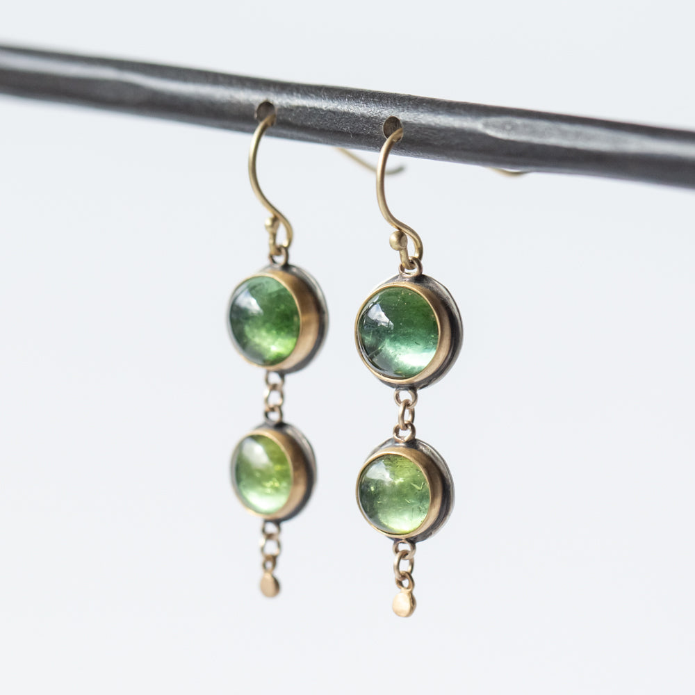 Double Green Tourmaline Cabochon Drop Earrings