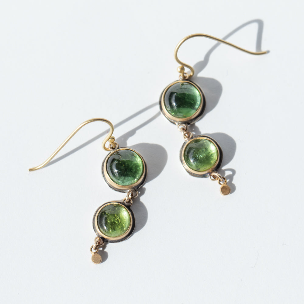 Double Green Tourmaline Cabochon Drop Earrings