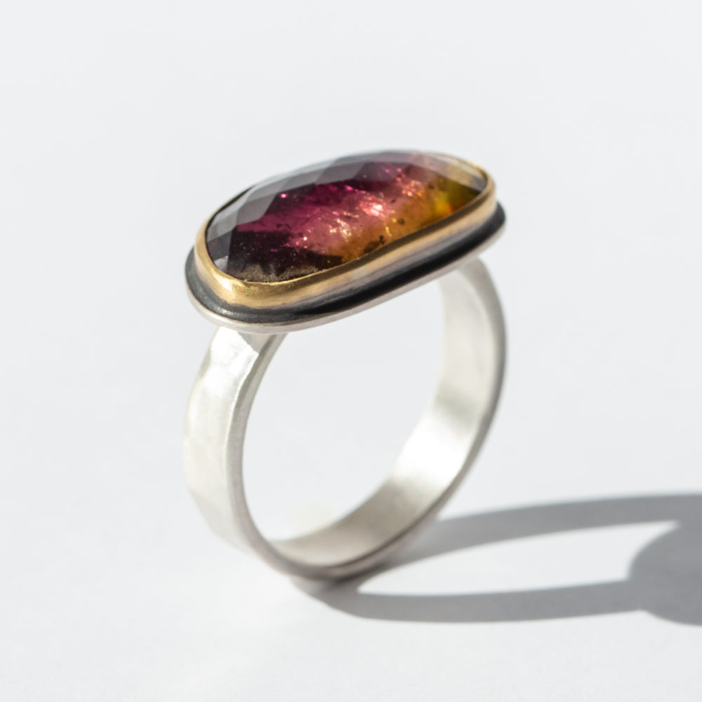 East-West Elongated Rose Cut Watermelon Tourmaline Ring