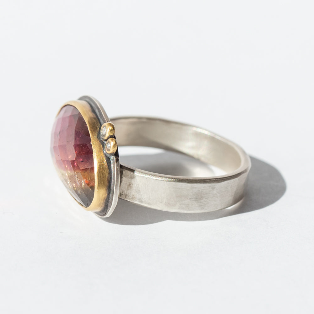 East-West Elongated Rose Cut Watermelon Tourmaline Ring