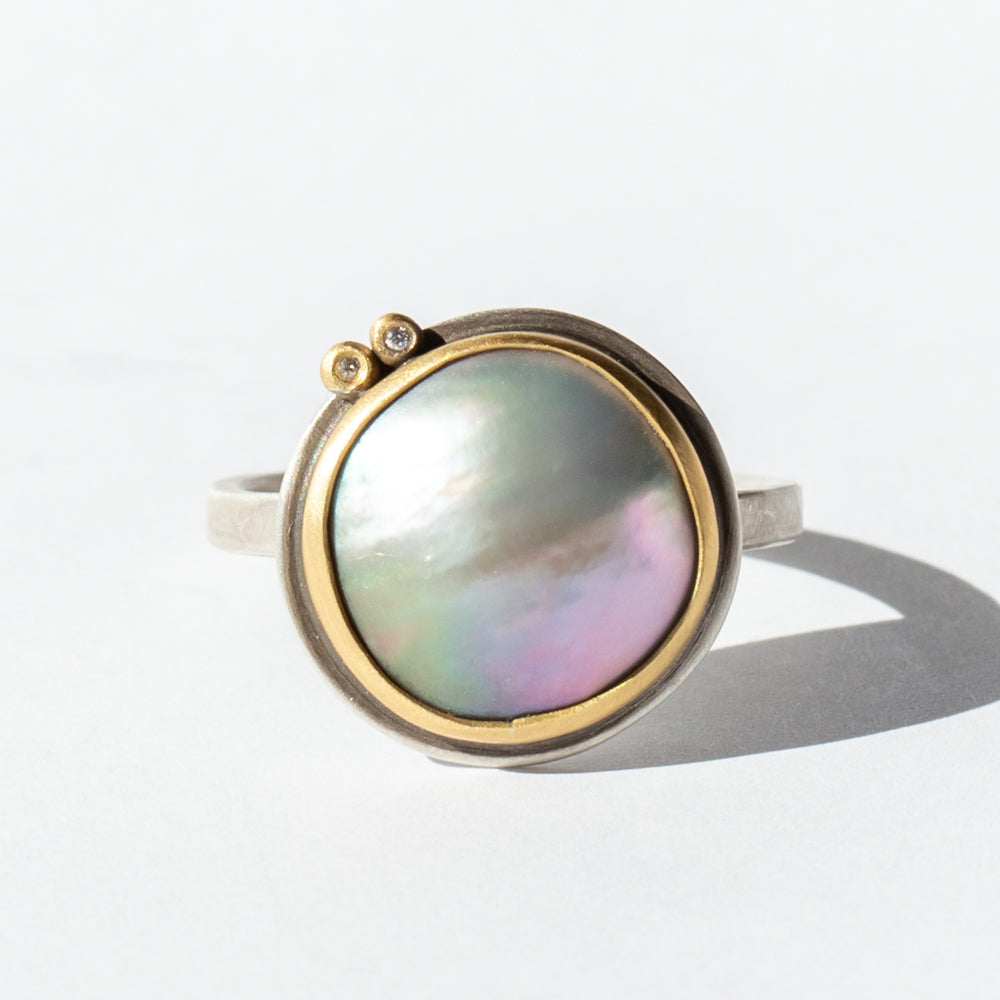 Organic Grey Pearl Ring with Diamond Dots