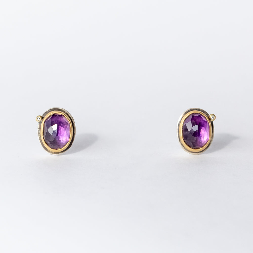 Oval Rose Cut Amethyst Stud Earrings with Diamond Dots