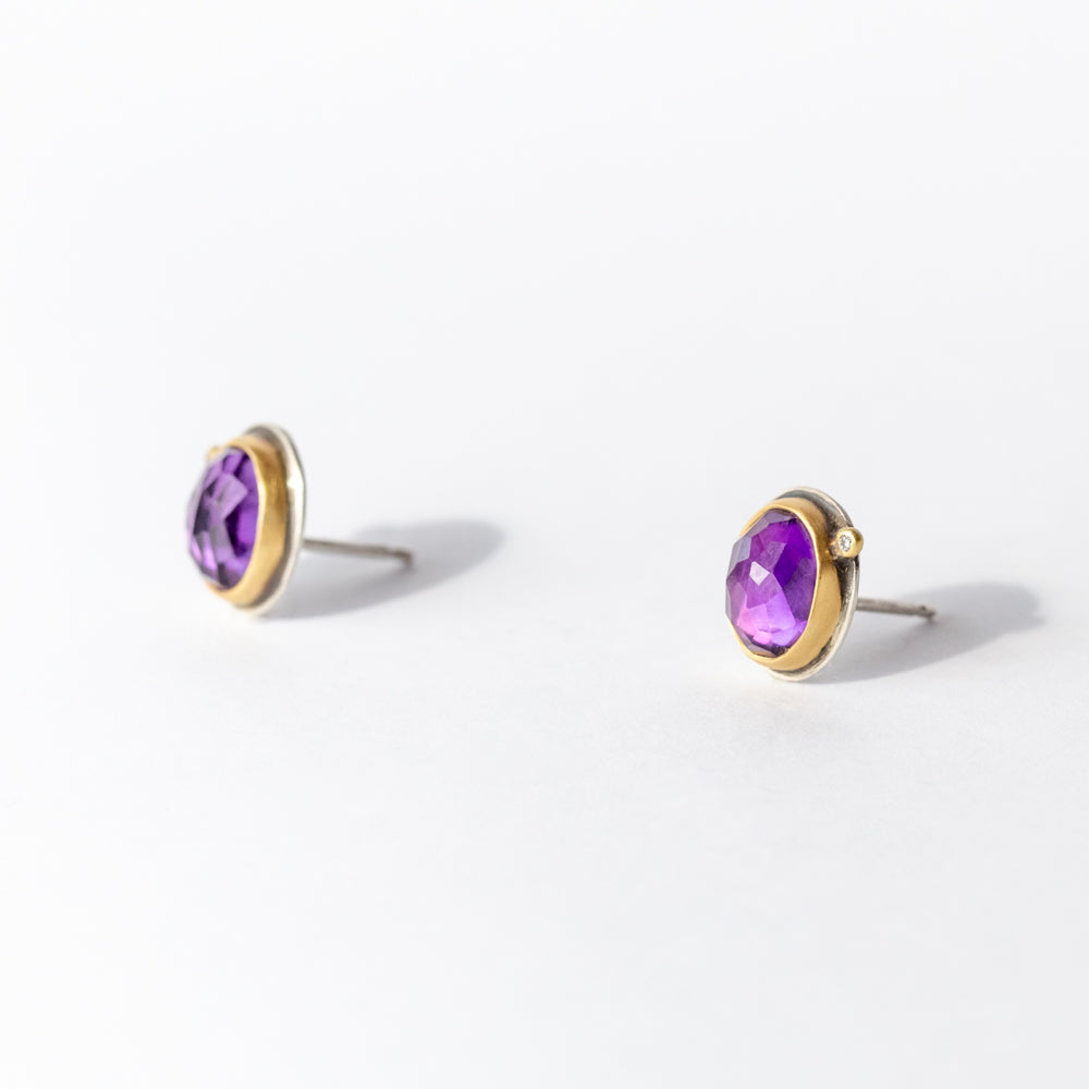 Oval Rose Cut Amethyst Stud Earrings with Diamond Dots