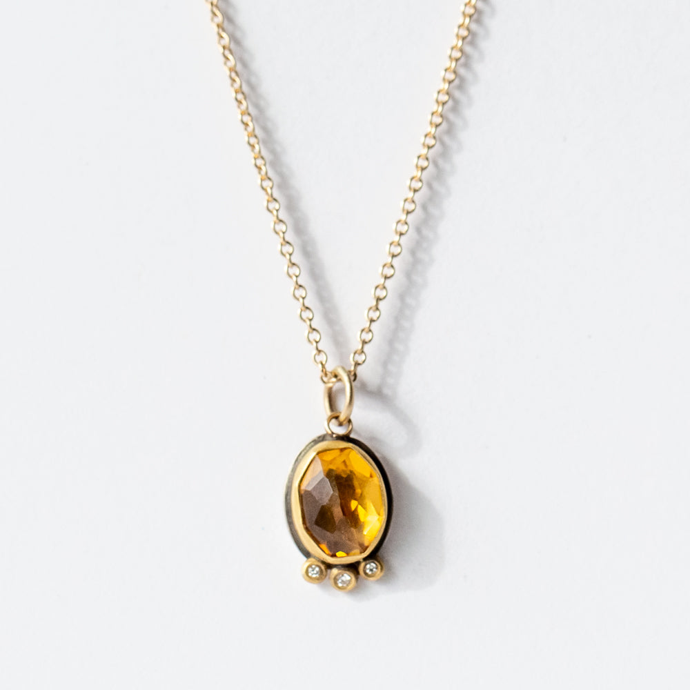 Oval Rose Cut Citrine Necklace with Diamond Dots