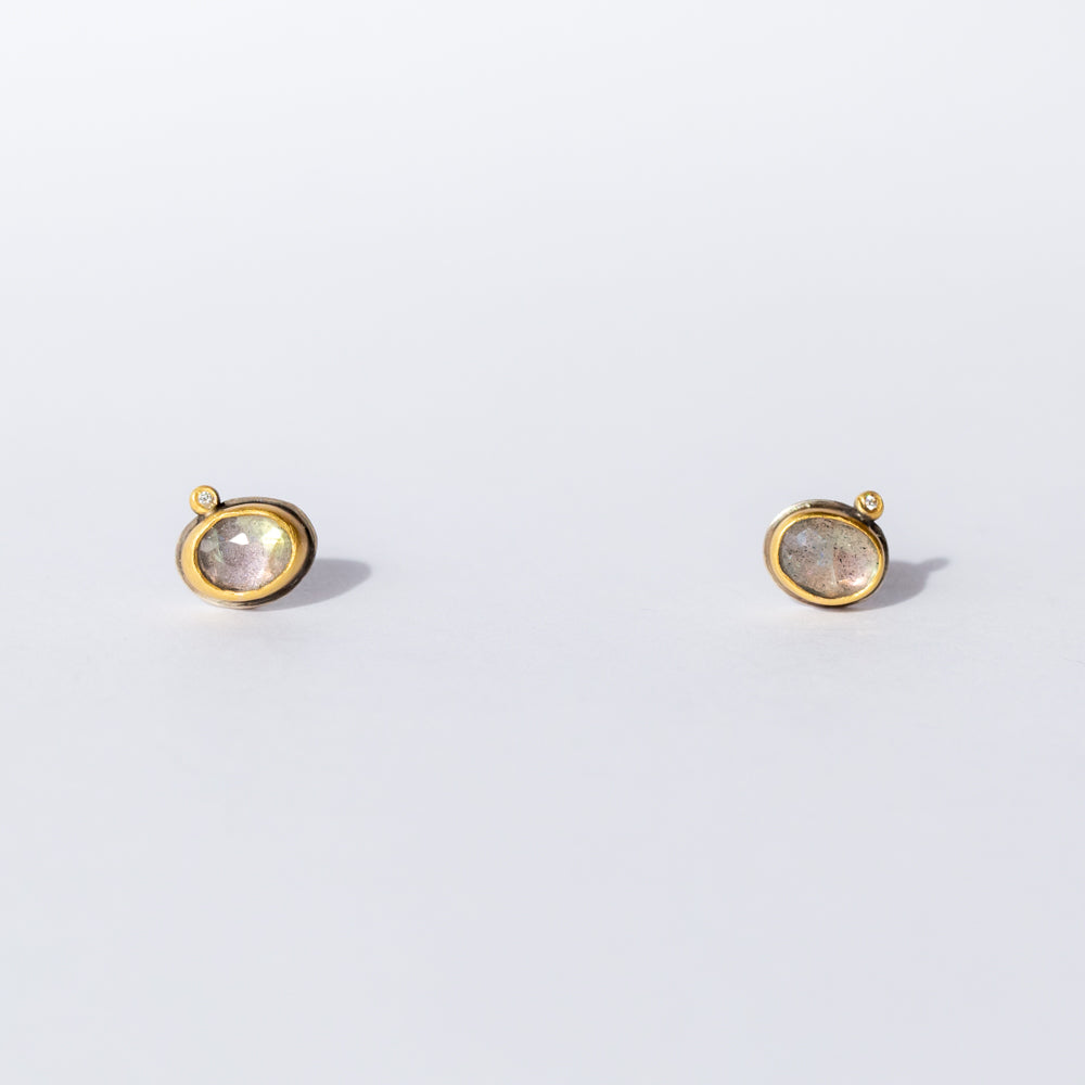 Oval Rose Cut Labradorite Stud Earrings with Diamond Dots