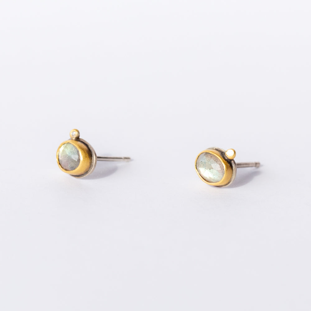 Oval Rose Cut Labradorite Stud Earrings with Diamond Dots