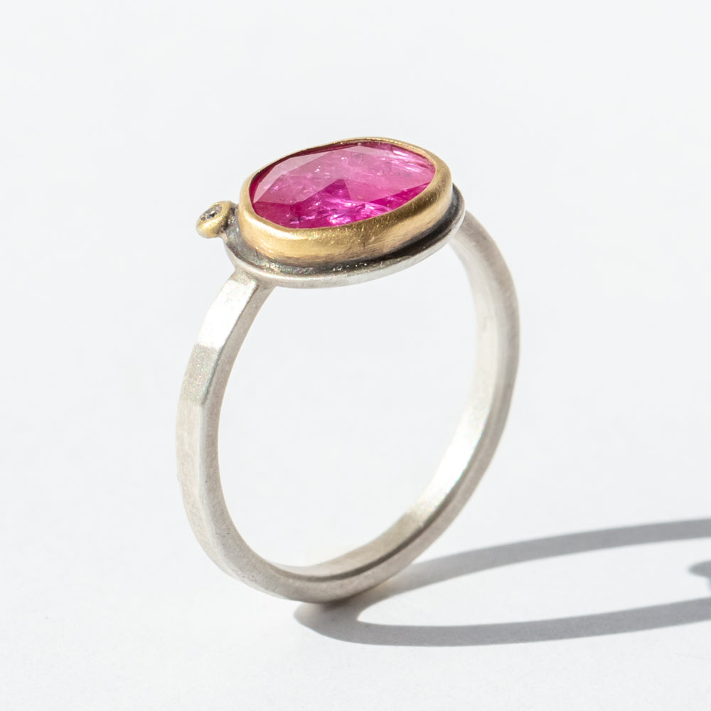 Ovalish Rose Cut Ruby Ring with Diamond Dot