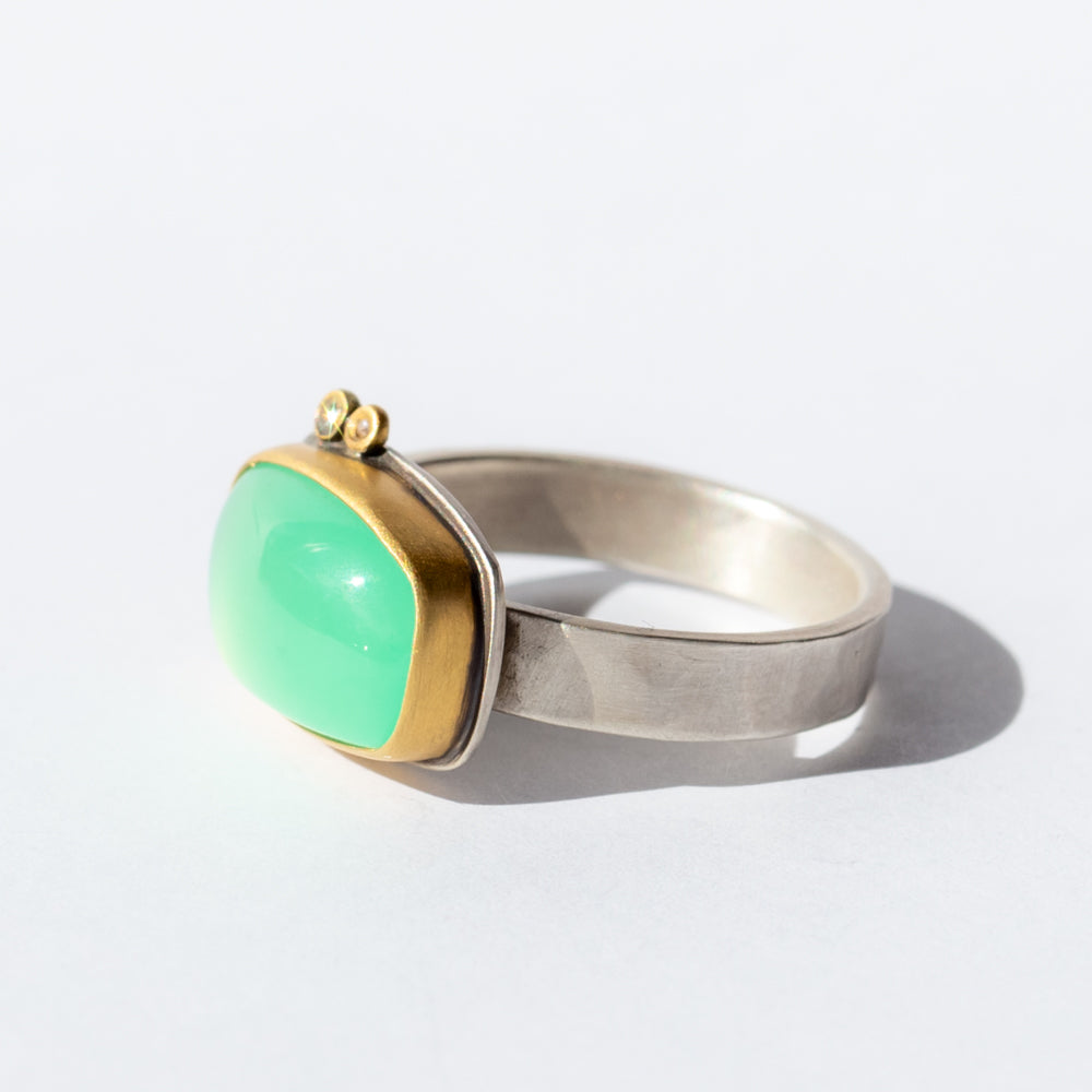 Rectangle Chrysoprase Cabochon Ring with Diamond Dots