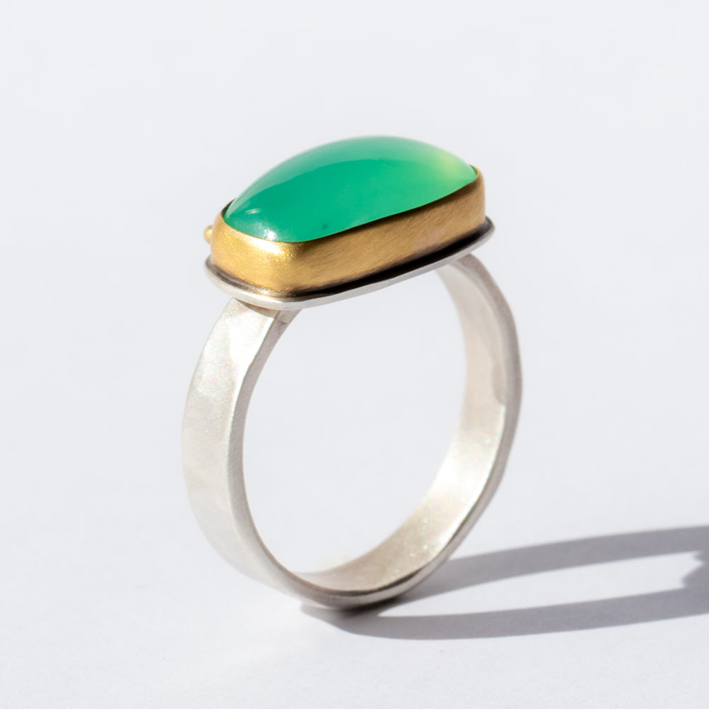 Rectangle Chrysoprase Cabochon Ring with Diamond Dots