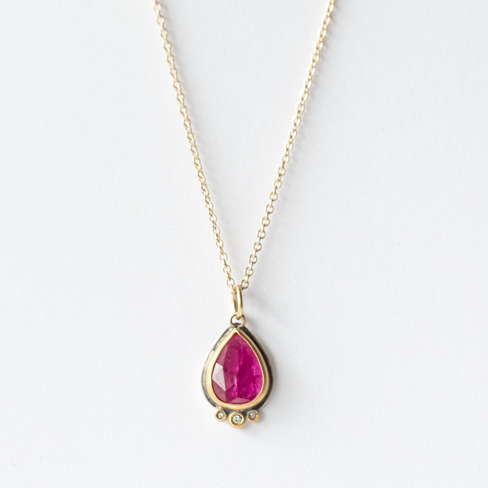 Rose Cut Ruby Teardrop Necklace with Diamond Dots