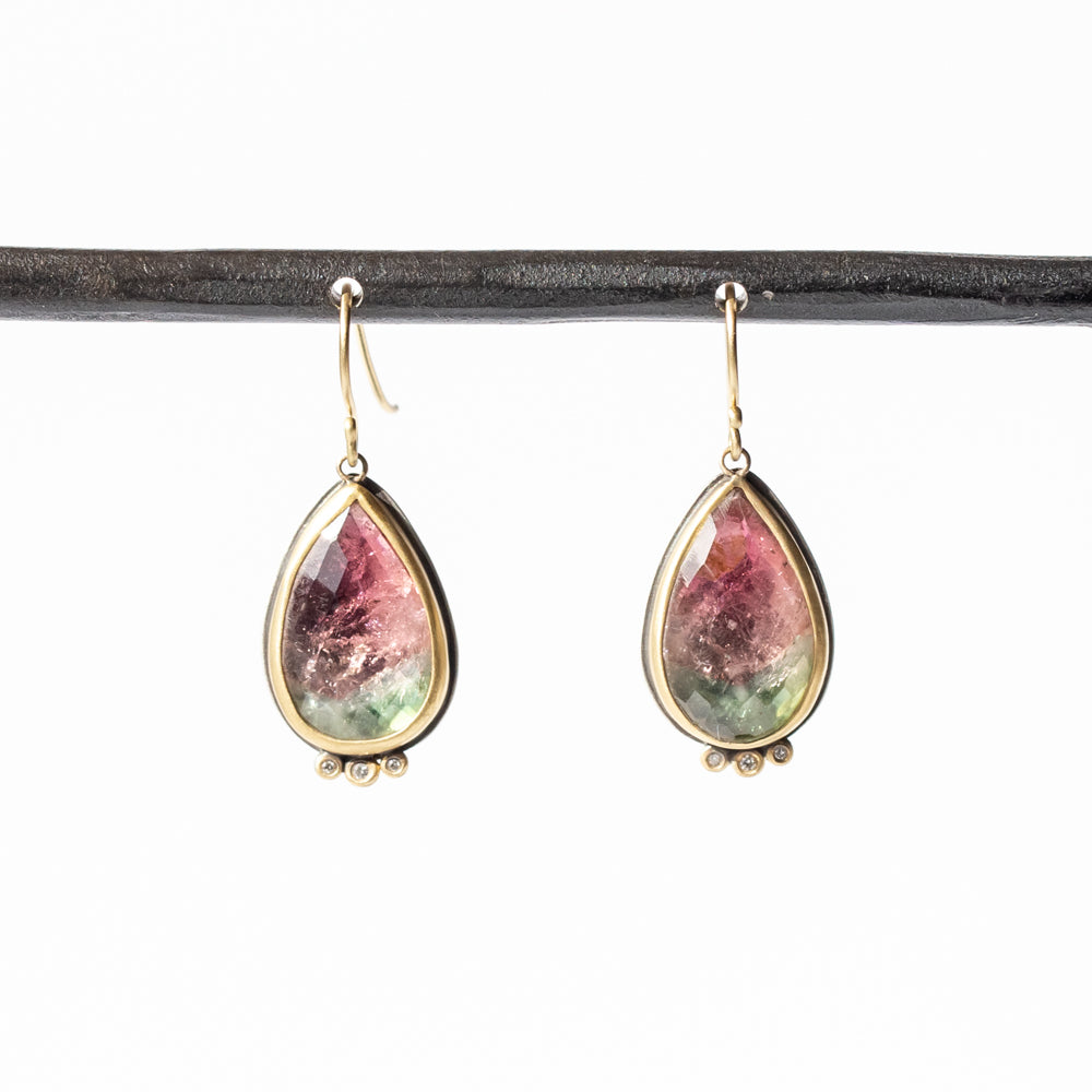 Watermelon Tourmaline Teardrop Earrings with Diamond Dots