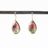 Watermelon Tourmaline Teardrop Earrings with Diamond Dots
