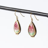 Watermelon Tourmaline Teardrop Earrings with Diamond Dots