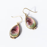 Watermelon Tourmaline Teardrop Earrings with Diamond Dots