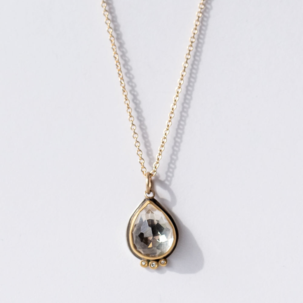 Rose Cut White Topaz Teardrop Necklace Diamond Dots