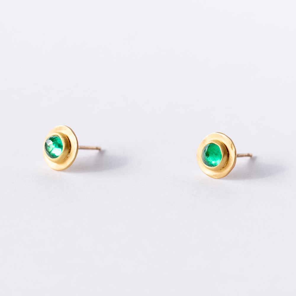 Round Rose Cut Emerald Disk Stud Earrings