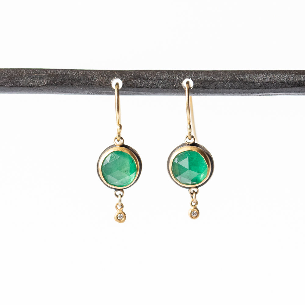 Round Emerald Drop Earrings with Tiny Diamond Drops