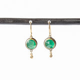 Round Emerald Drop Earrings with Tiny Diamond Drops