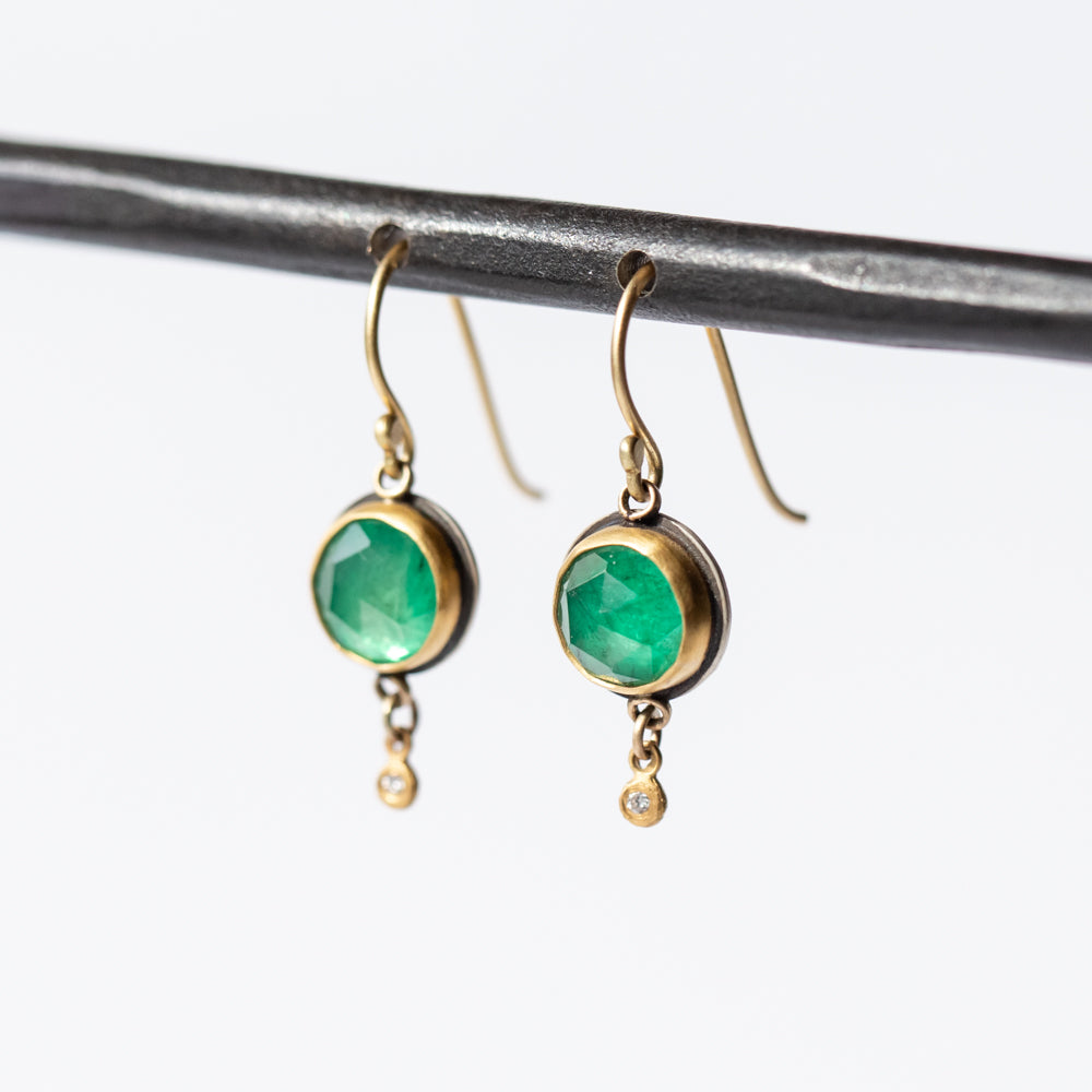 Round Emerald Drop Earrings with Tiny Diamond Drops