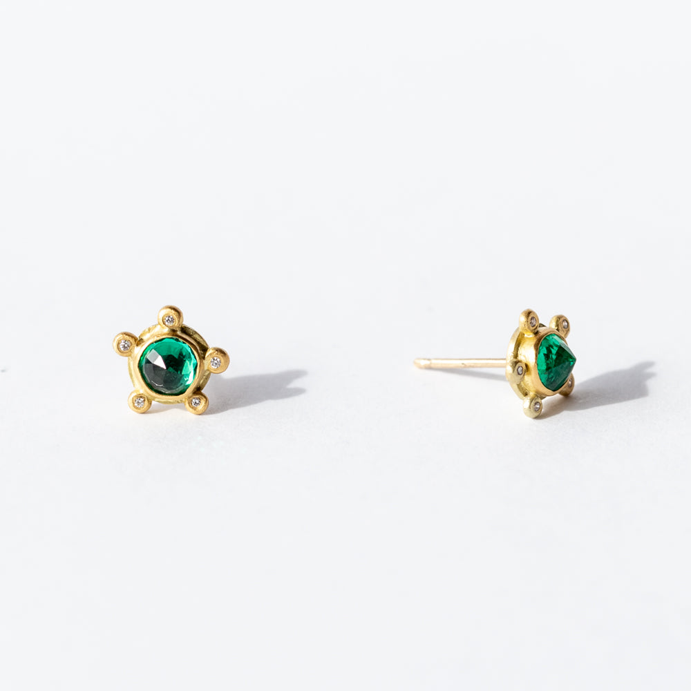 Round Rose Cut Emerald Stud Earrings with Diamond Dots