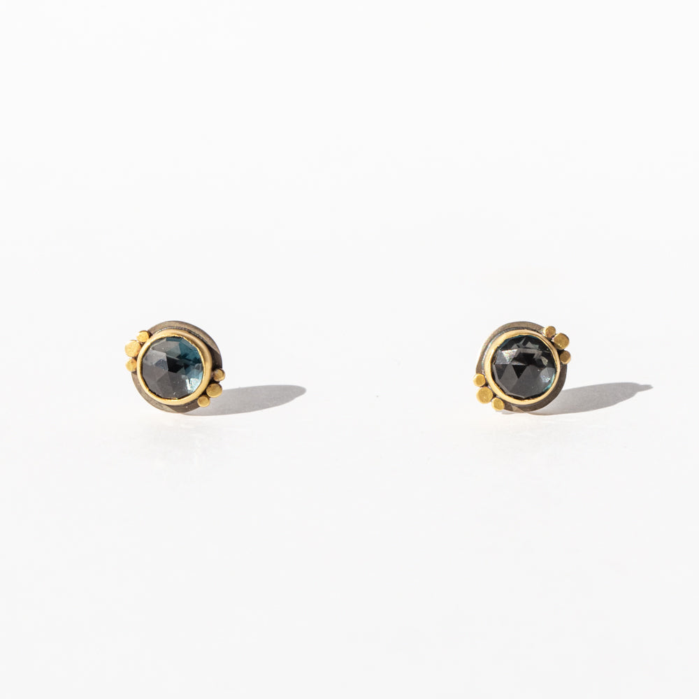 Round London Blue Topaz Stud Earrings with Gold Dot Trios