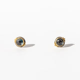 Round London Blue Topaz Stud Earrings with Gold Dot Trios