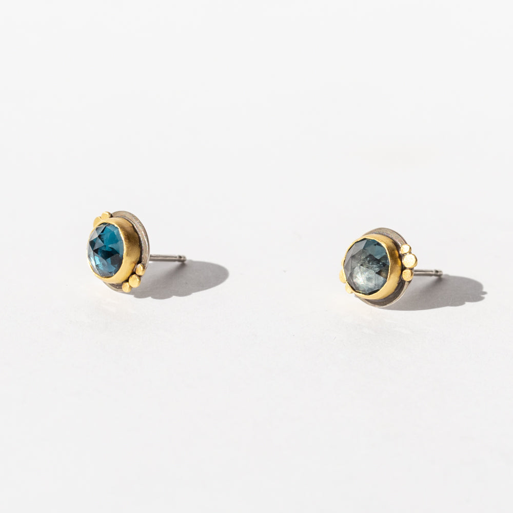 Round London Blue Topaz Stud Earrings with Gold Dot Trios
