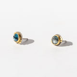 Round London Blue Topaz Stud Earrings with Gold Dot Trios
