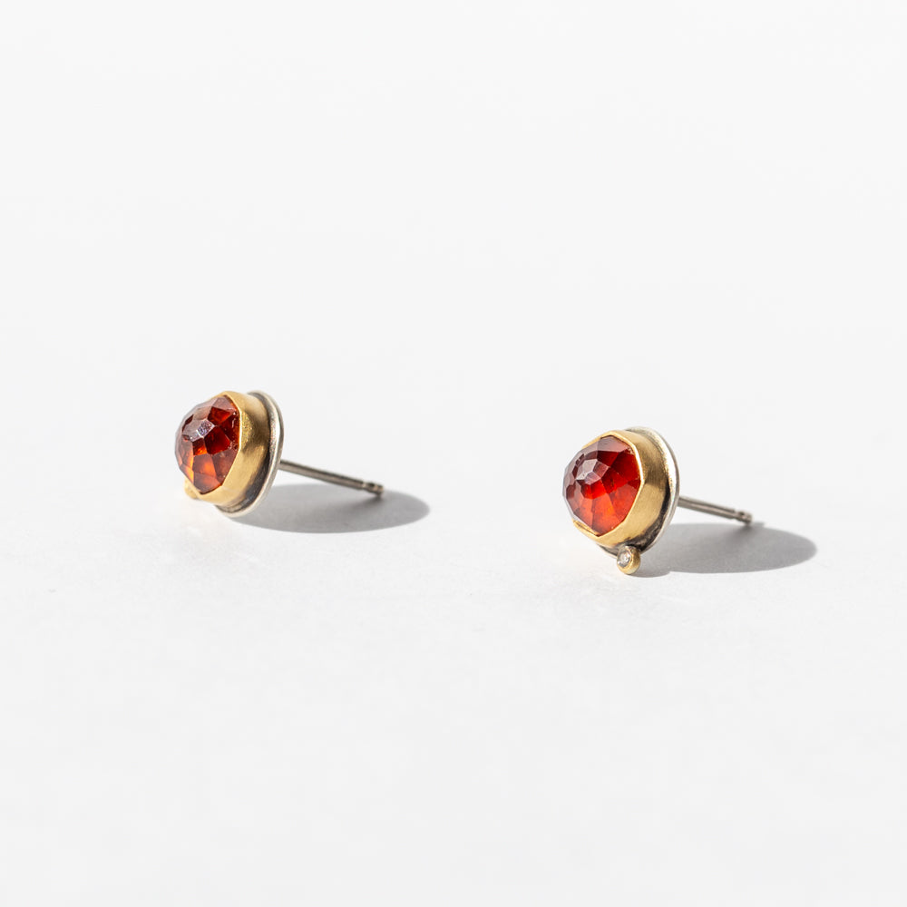 Round Orange Garnet Stud Earrings with Diamond Dots