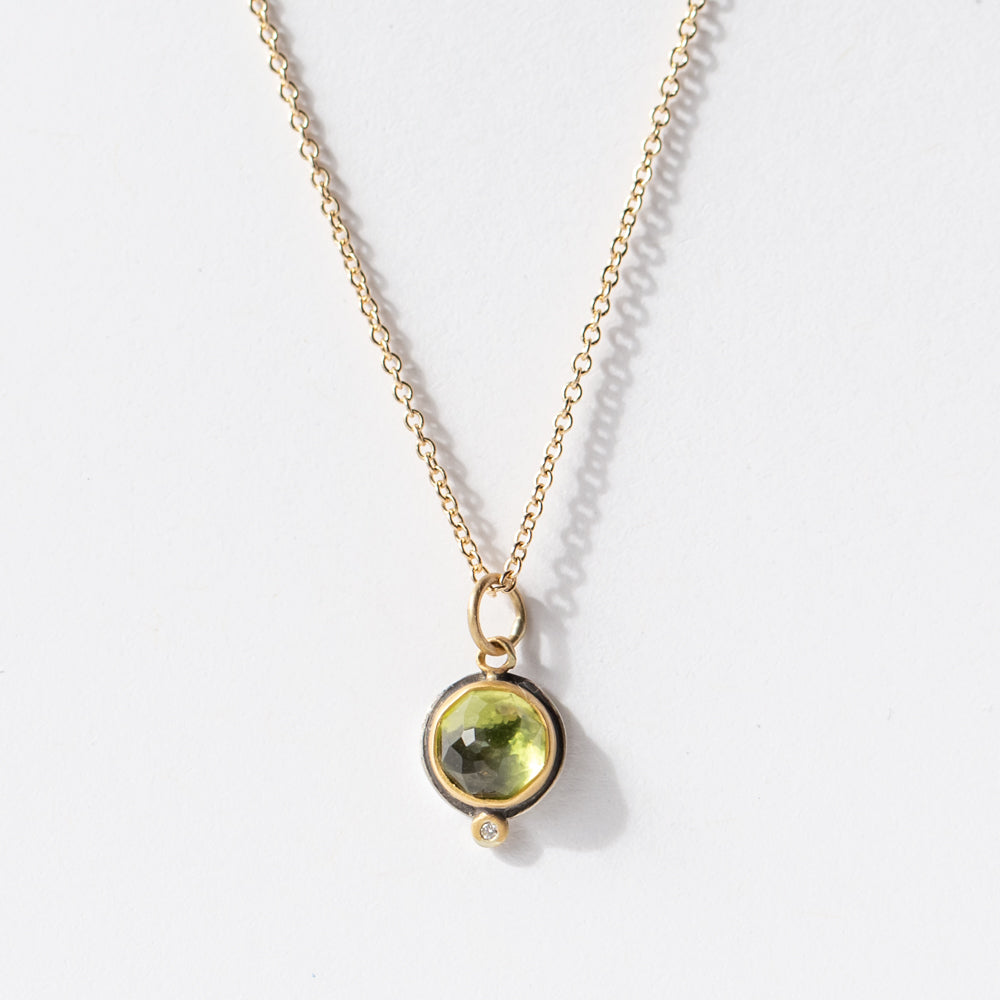 Round Rose Cut Peridot Necklace with Diamond Dot