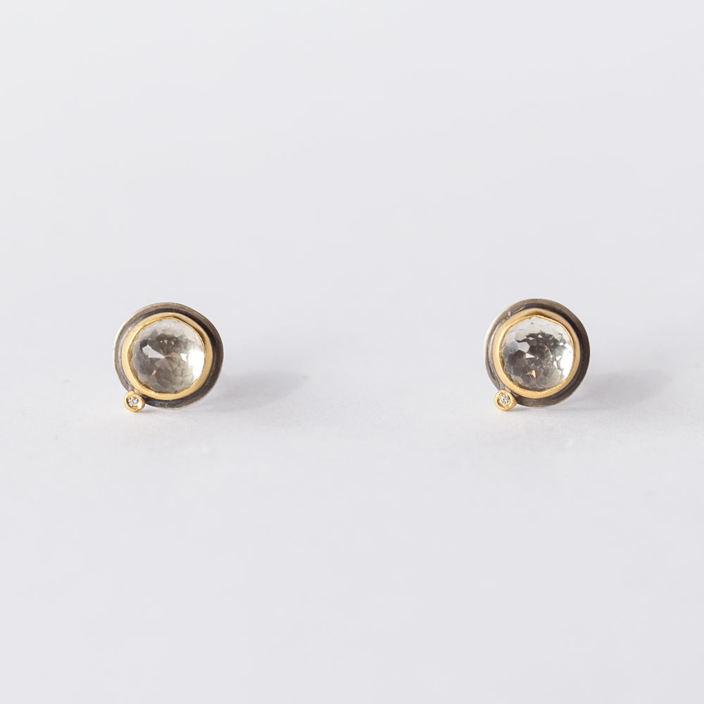 Round White Topaz Stud Earrings with Diamond Dots