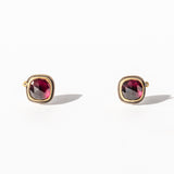 Square Garnet Stud Earrings with Diamond Dots