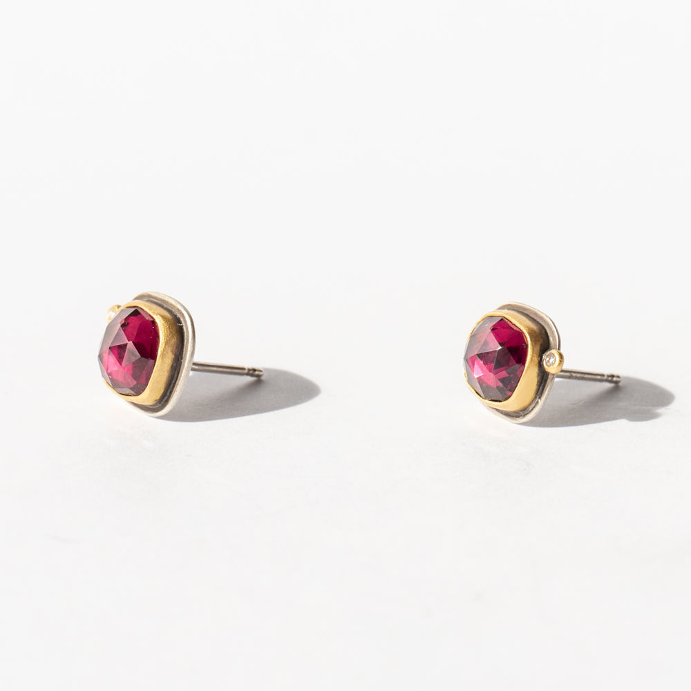 Square Garnet Stud Earrings with Diamond Dots