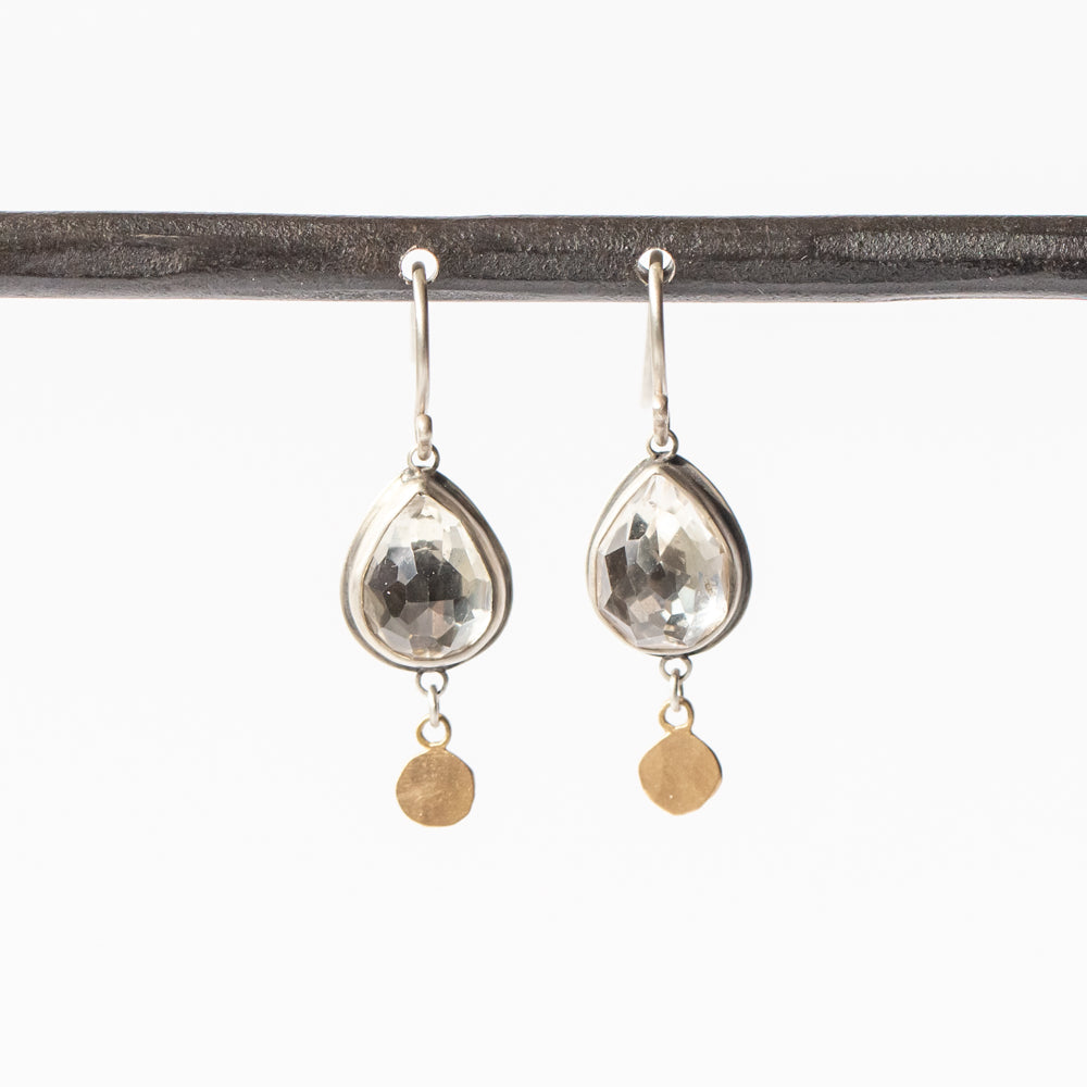 Teardrop White Topaz Earrings with Gold Disc Dangles