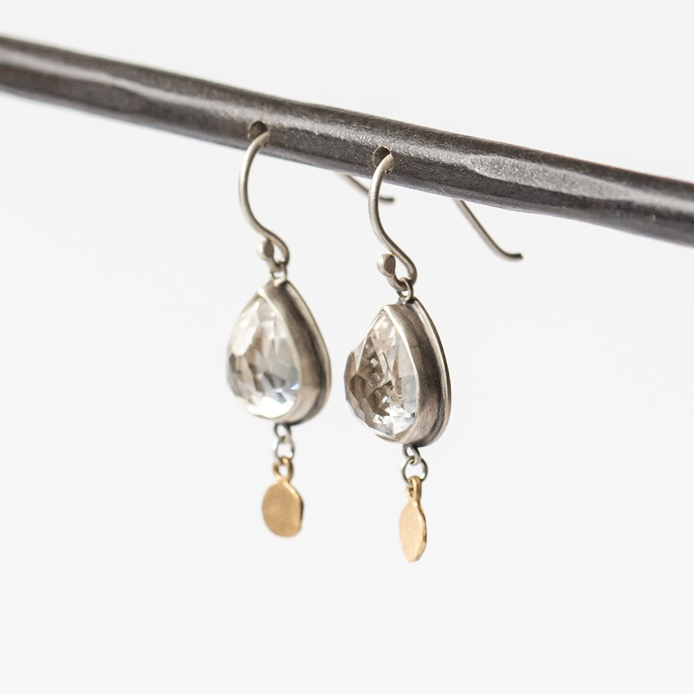 Teardrop White Topaz Earrings with Gold Disc Dangles