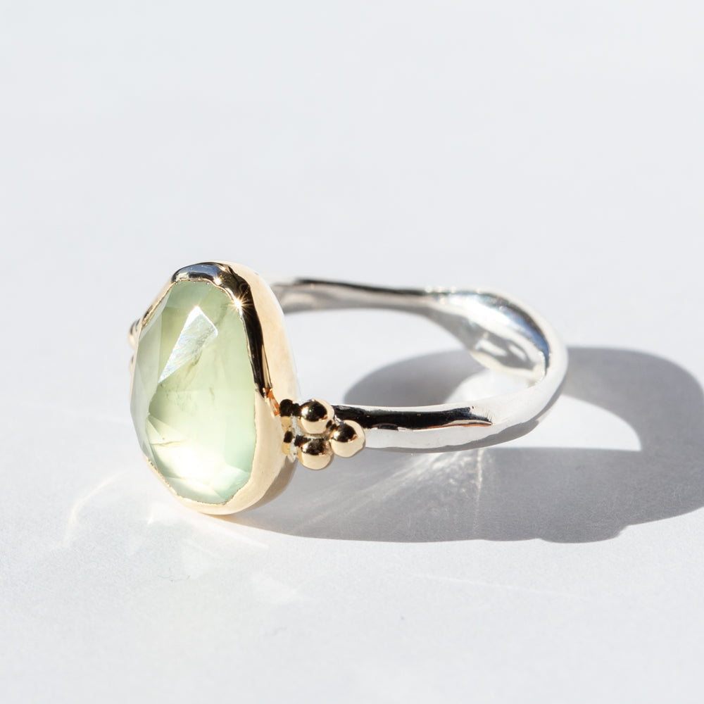 Prehnite Ring with Gold Beads