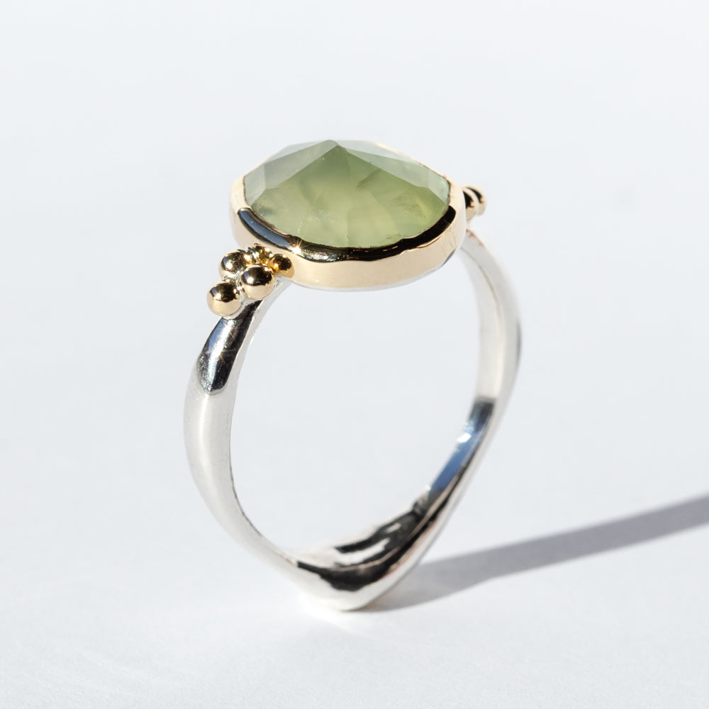 Prehnite Ring with Gold Beads