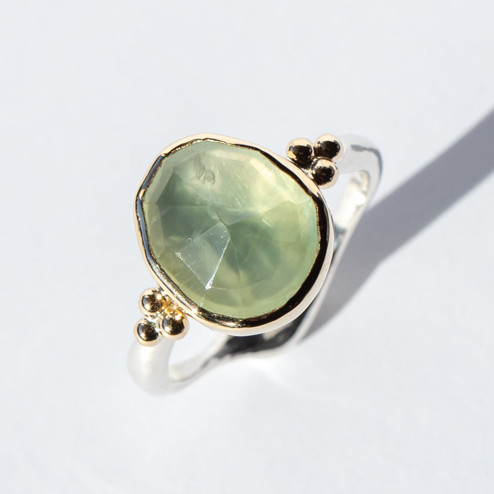 Prehnite Ring with Gold Beads