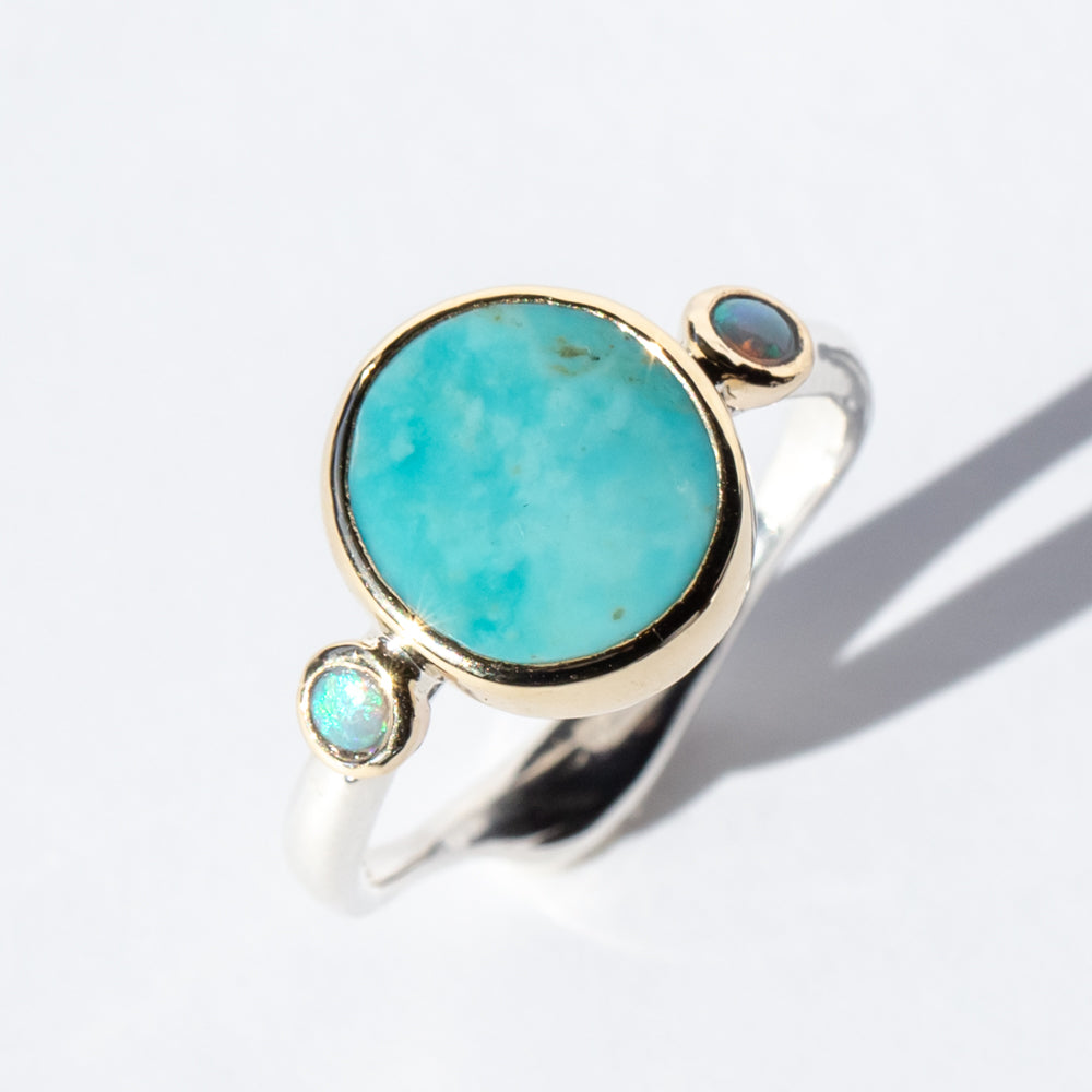 Round Turquoise Ring with Australian Opals