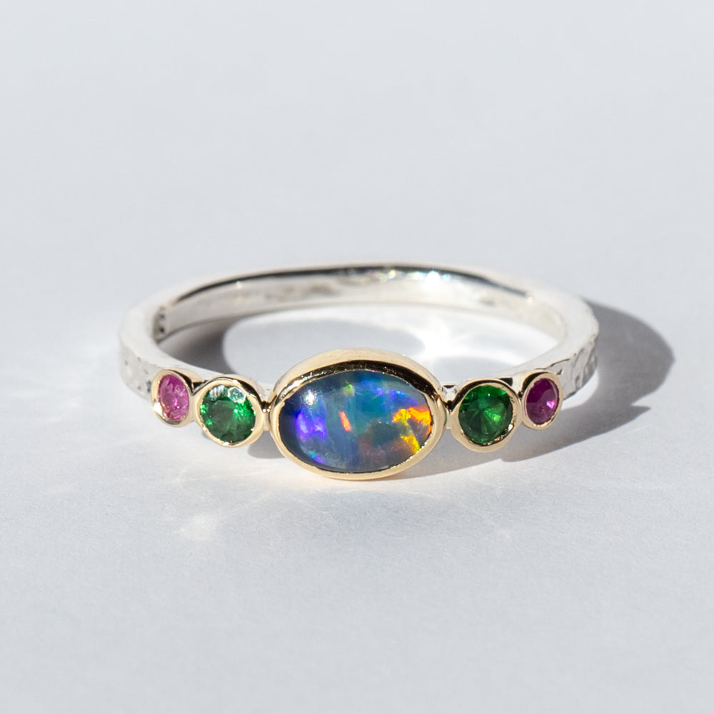 Opal, Tsavorite Garnet, and Pink Sapphire Ring