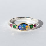 Opal, Tsavorite Garnet, and Pink Sapphire Ring