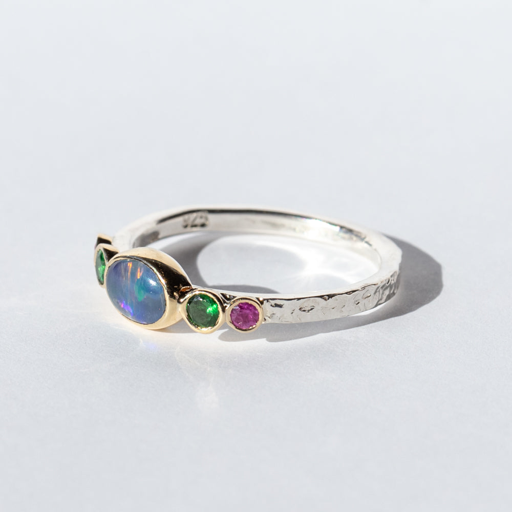 Opal, Tsavorite Garnet, and Pink Sapphire Ring