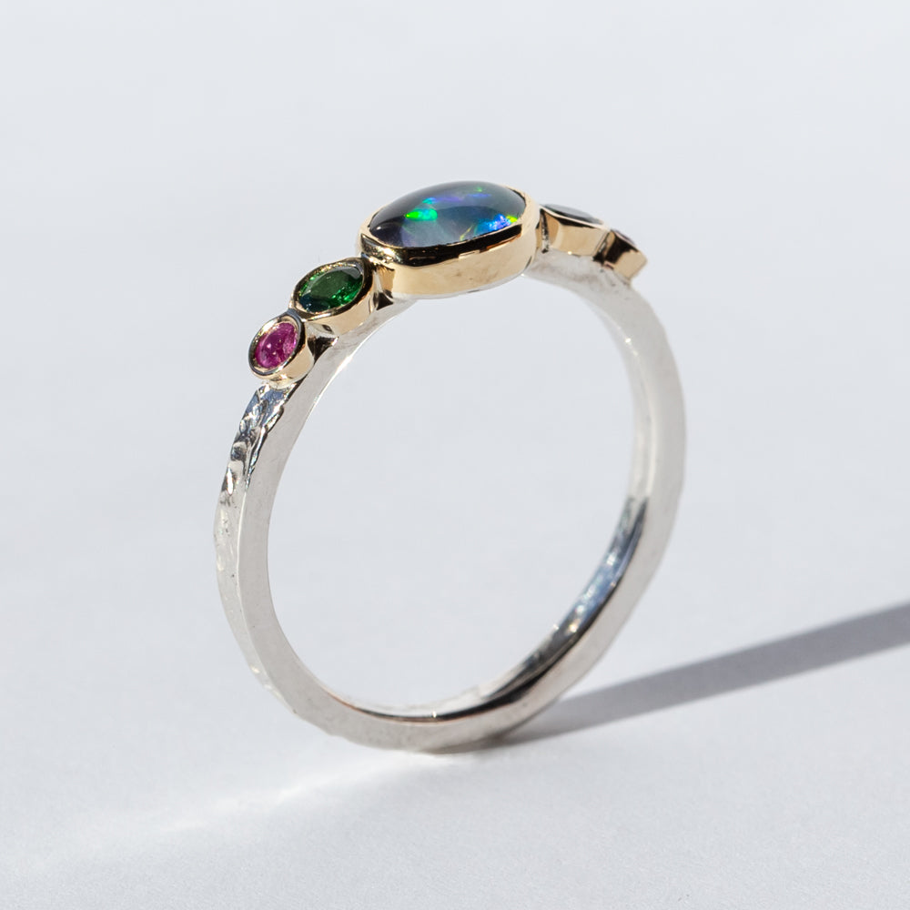 Opal, Tsavorite Garnet, and Pink Sapphire Ring