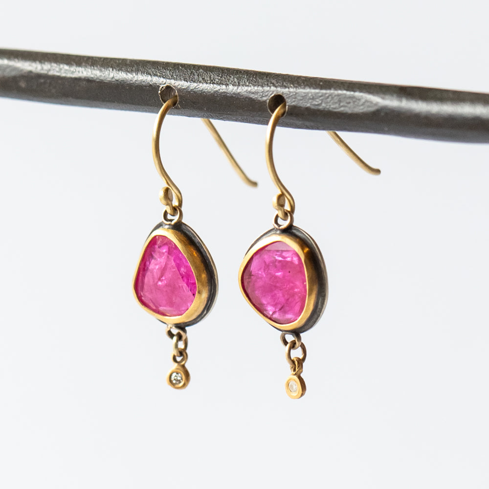 Asymmetrical Ruby Drop Earrings with Diamond Drop