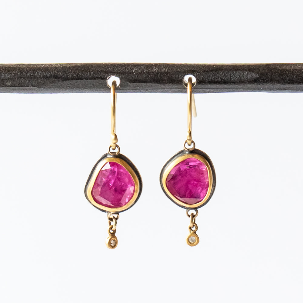 Asymmetrical Ruby Drop Earrings with Diamond Drop