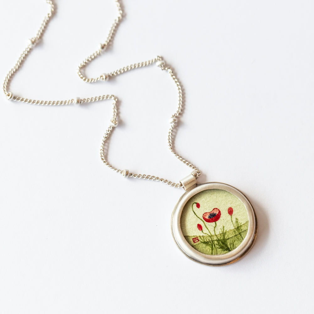 Round Poppy Painting Necklace