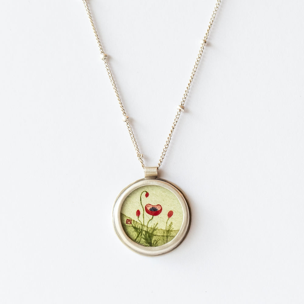 Round Poppy Painting Necklace