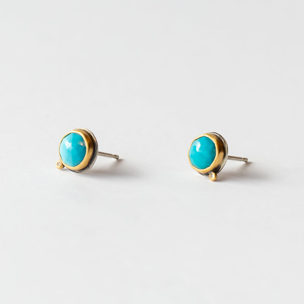Round Rose Cut Turquoise Stud Earrings with Diamond Dot