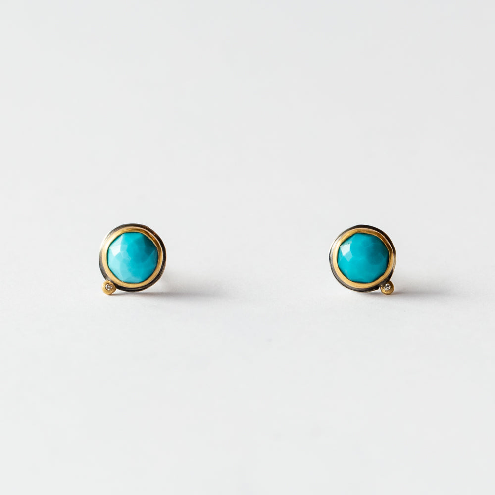 Round Rose Cut Turquoise Stud Earrings with Diamond Dot
